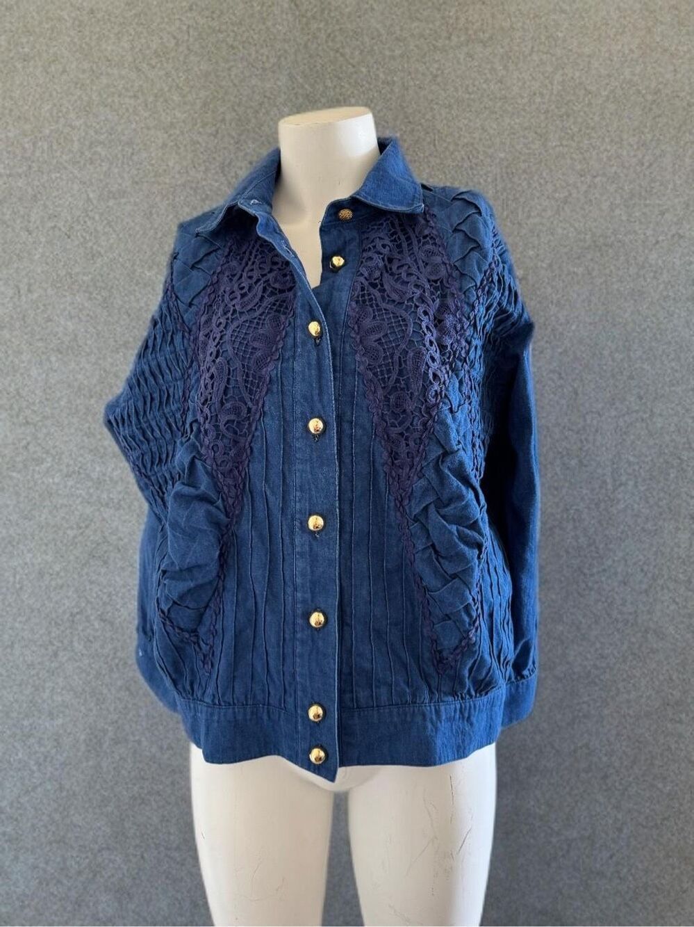 Three Flags braided L women's vintage '90s button up denim coat shirt 100% cott